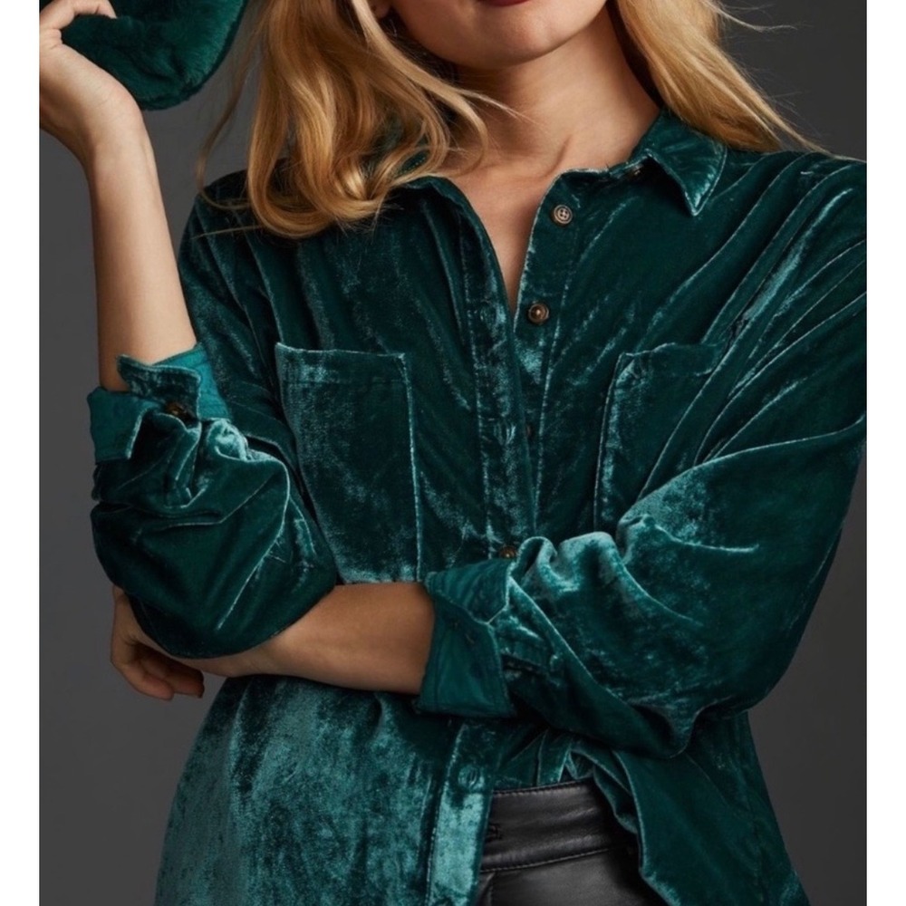 Anthropologie Pilcro Velvet Burnout Button Down Top Green Women XXS Fairy Grunge